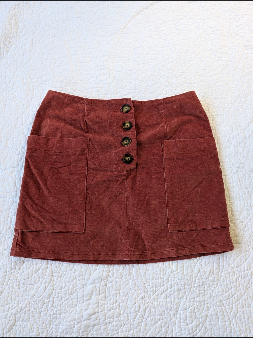 Button-Front Corduroy Mini Skirt in Rust